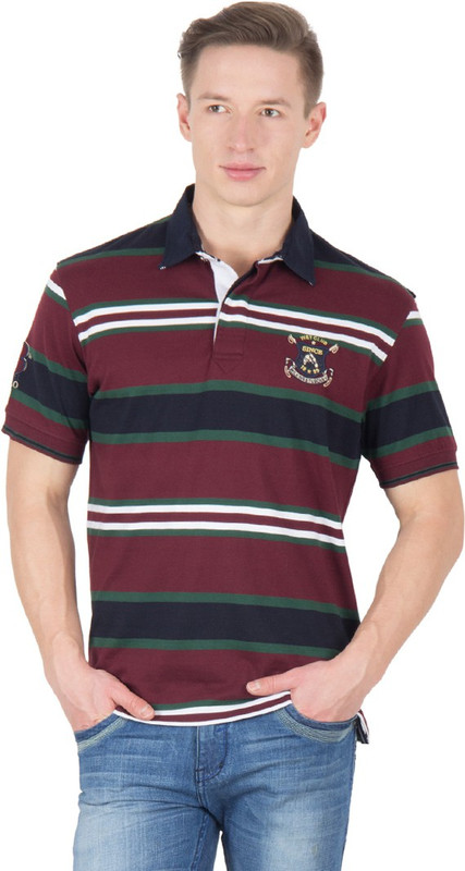 Wilkins & Tuscany Striped Men Polo Neck Maroon T-Shirt