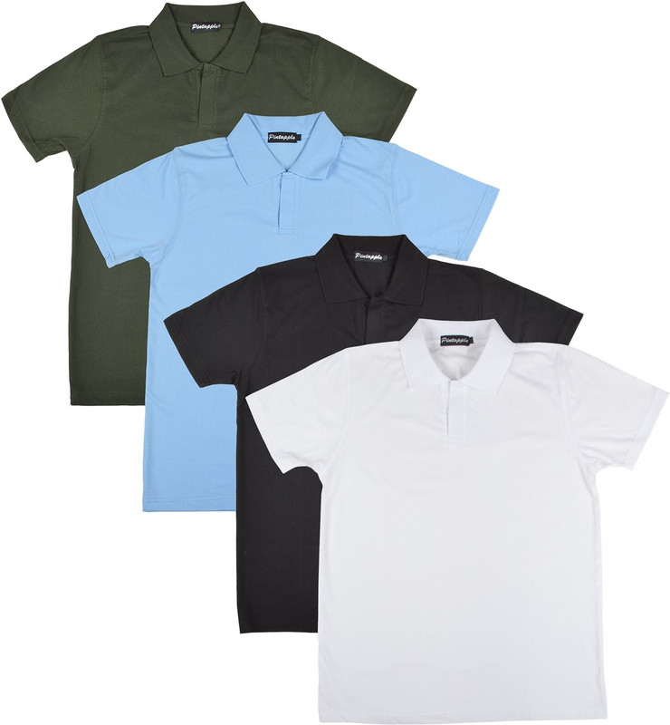 Pintapple Solid Men Polo Neck White, Black, Light Blue, Dark Green T-Shirt(Pack of 4)