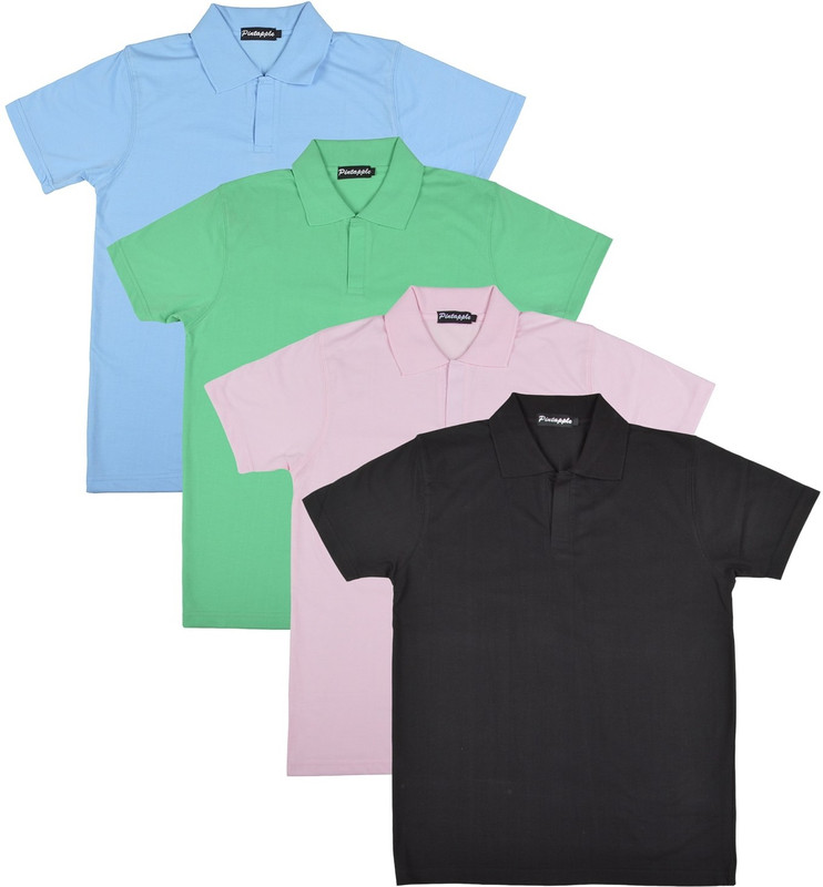 Pintapple Solid Men Polo Neck Black, Pink, Light Green, Light Blue T-Shirt(Pack of 4)
