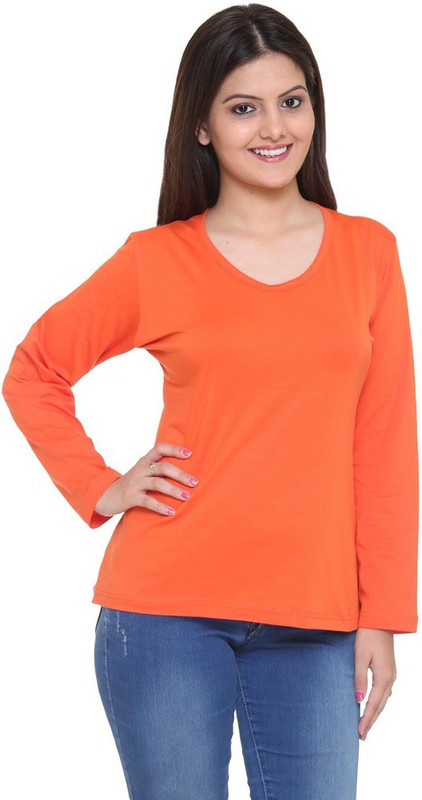 Colors & Blends Solid Women V-neck Orange T-Shirt