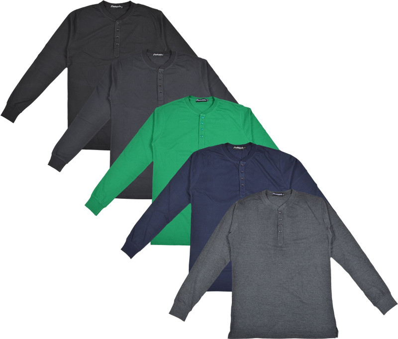 Pintapple Solid Men Henley Grey, Dark Blue, Green, Black, Black T-Shirt(Pack of 5)