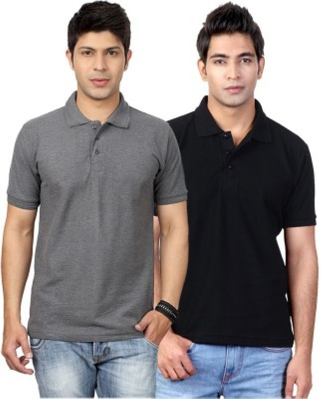 AleganT Solid Men Polo Neck Grey, Black T-Shirt(Pack of 2)