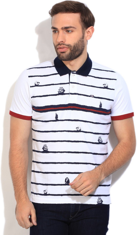Arrow Sports Printed Men Polo Neck White, Dark Blue T-Shirt