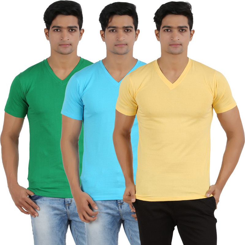 Lyril Solid Men V-neck Yellow, Dark Green, Blue T-Shirt(Pack of 3)