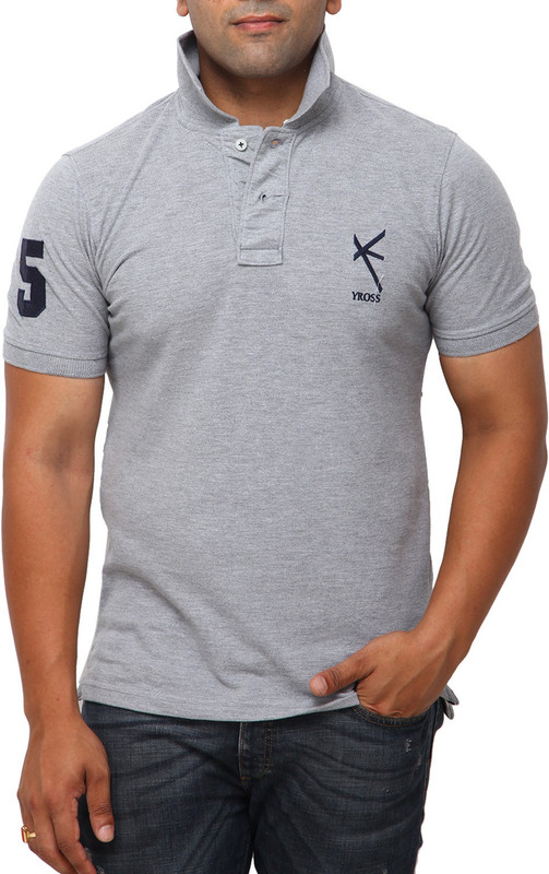 Yross Designs Self Design Men Polo Neck Grey T-Shirt