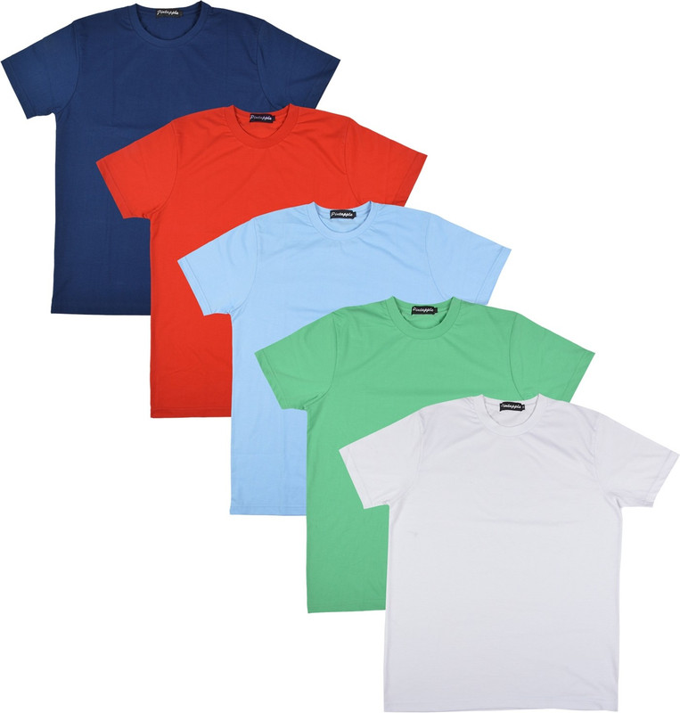 Pintapple Solid Men Round Neck White, Light Green, Light Blue, Red, Dark Blue T-Shirt(Pack of 5)