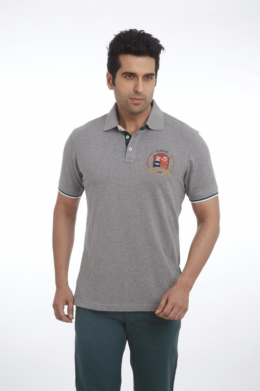 Park Avenue Solid Men Polo Neck Grey T-Shirt