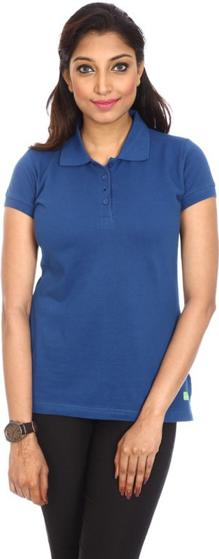 Goldstroms Solid Women Flap Collar Neck Blue T-Shirt