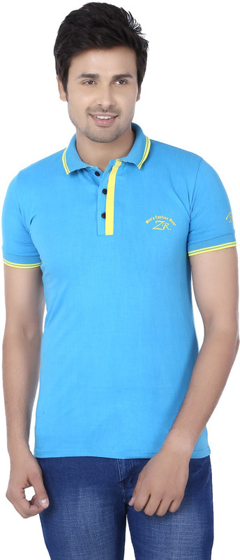 Kraasa Self Design Men Polo Neck Light Blue, Yellow T-Shirt