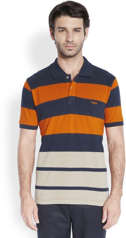 ColorPlus Striped Men Polo Neck Dark Blue T-Shirt