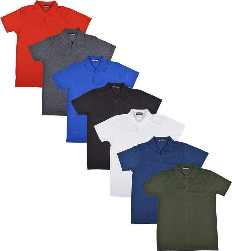 Pintapple Solid Men Polo Neck White, Black, Blue, Grey, Red, Dark Blue, Dark Green T-Shirt(Pack of 7)