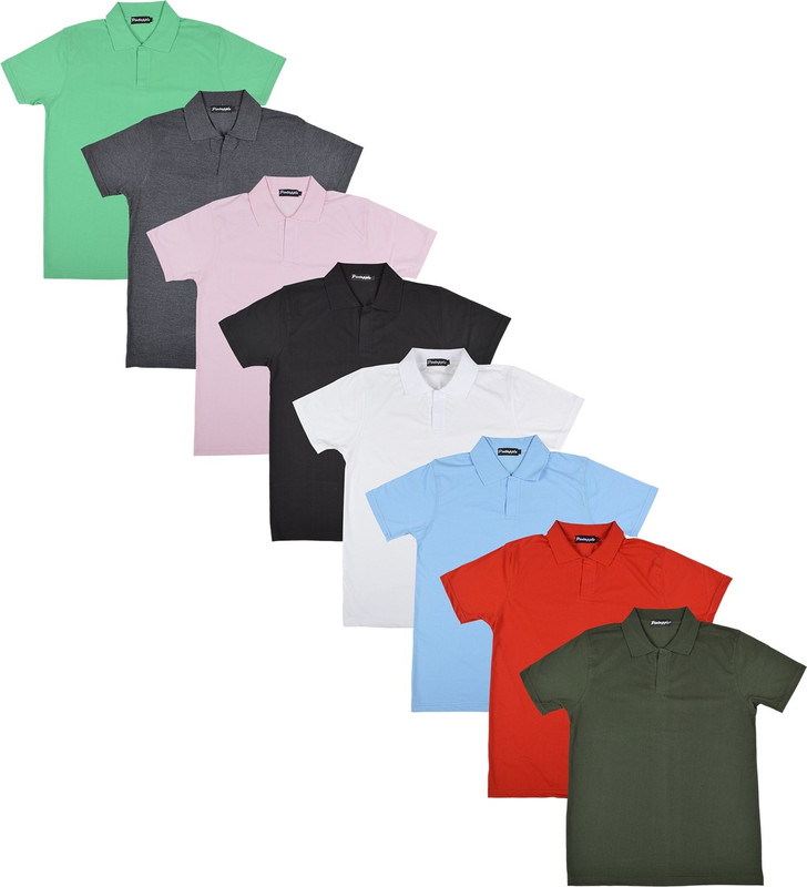 Pintapple Solid Men Polo Neck White, Black, Pink, Grey, Light Green, Light Blue, Red, Dark Green T-Shirt(Pack of 8)