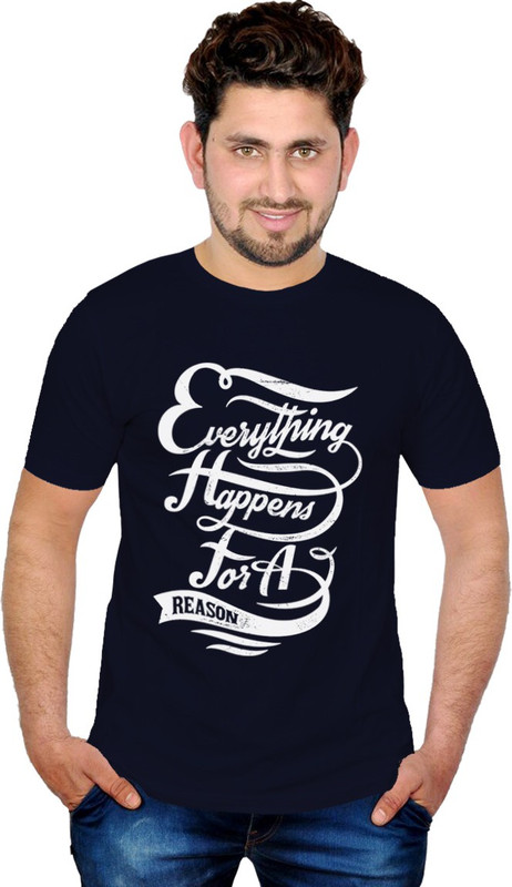 INKIT Printed Men Round Neck Dark Blue T-Shirt