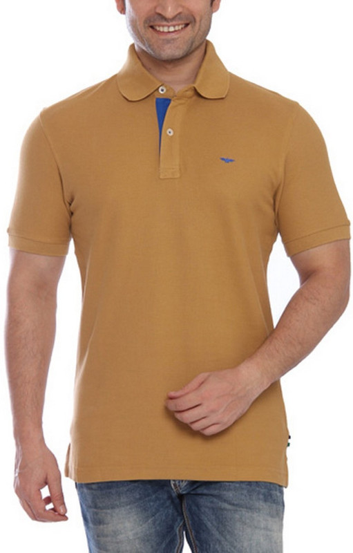 Park Avenue Solid Men Flap Collar Neck Beige T-Shirt