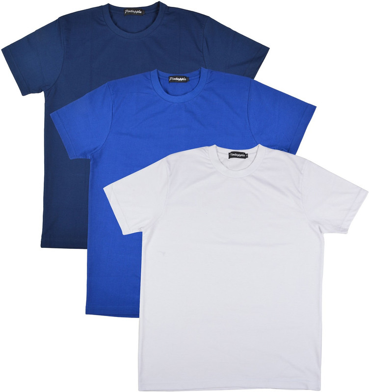 Pintapple Solid Men Round Neck White, Blue, Dark Blue T-Shirt(Pack of 3)