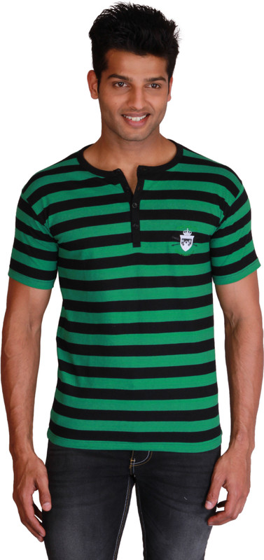 Right Shape Striped Men Henley Green, Black T-Shirt
