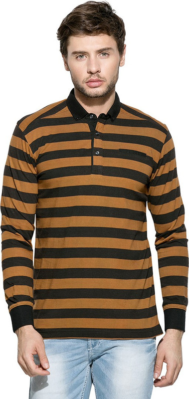Mufti Striped Men Polo Neck Brown, Black T-Shirt