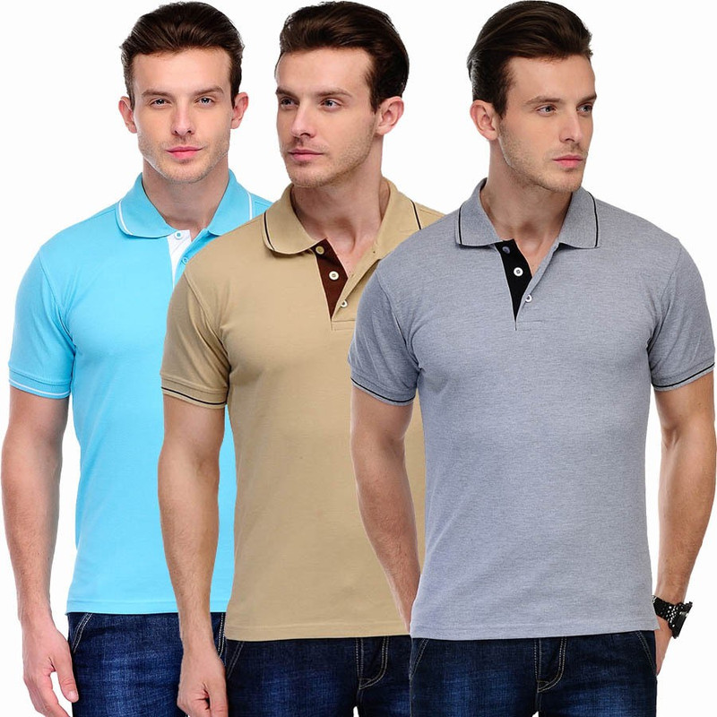 Scott International Solid Men Polo Neck Light Blue, Brown, Grey T-Shirt(Pack of 3)