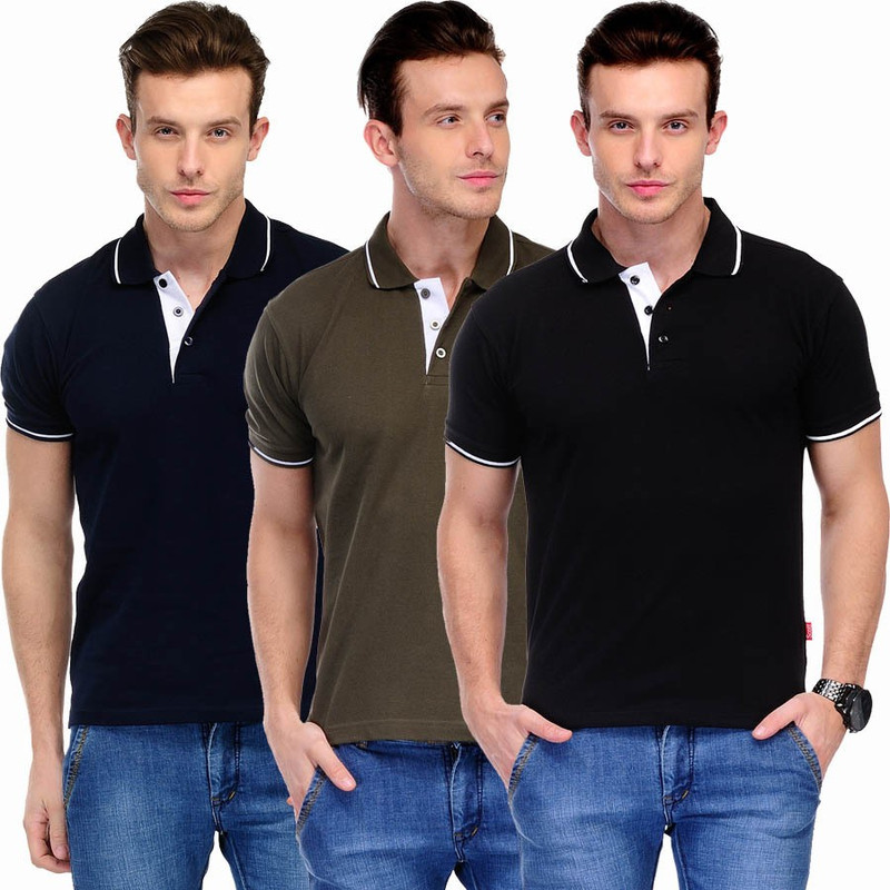 Scott International Solid Men Polo Neck Brown, Dark Blue, Black T-Shirt(Pack of 3)