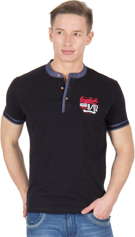 Wilkins & Tuscany Solid Men Henley Black T-Shirt