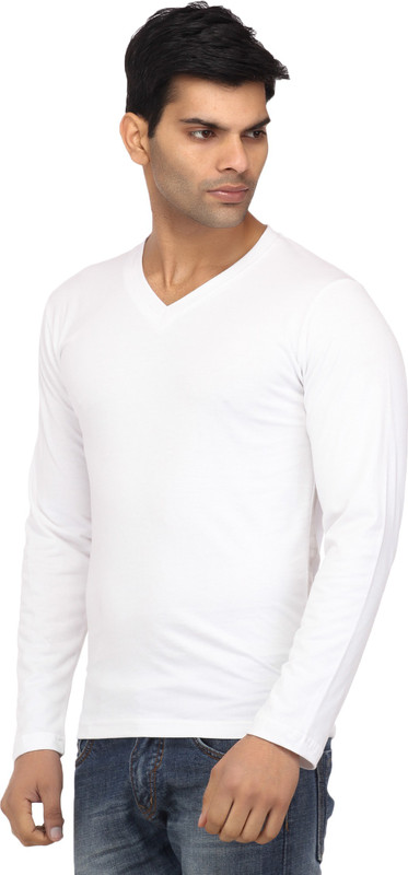 Leana Solid Men V-Neck White T-Shirt