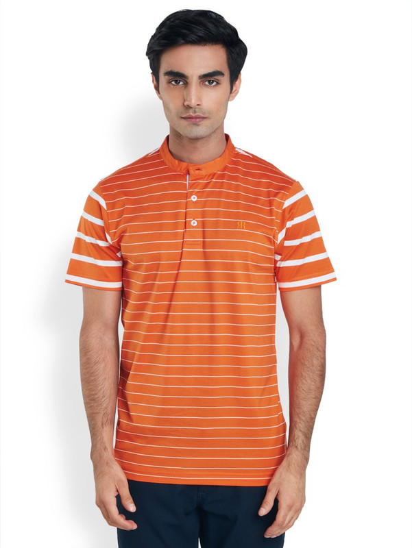 Raymond Striped Men Mandarin Collar Orange T-Shirt