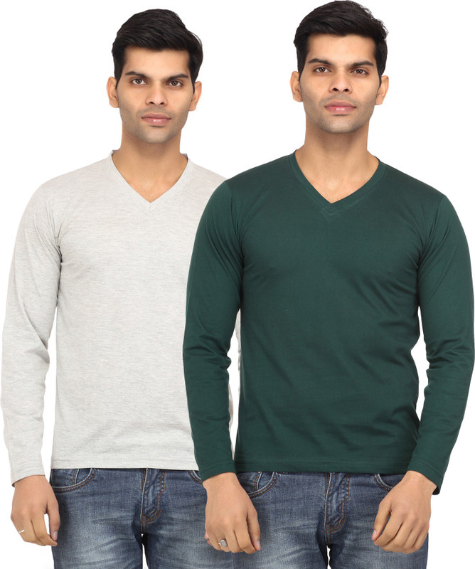 Leana Solid Men Round Neck Grey, Green T-Shirt(Pack of 2)