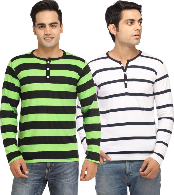 Leana Striped Men Round Neck Green, Blue T-Shirt(Pack of 2)