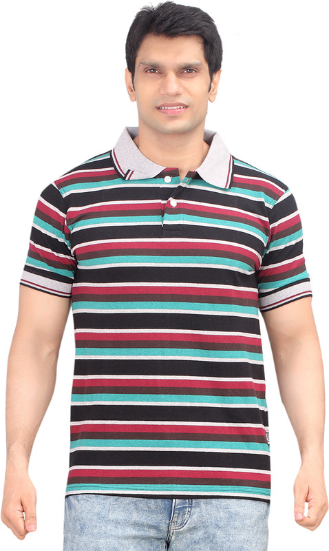 Zebu Striped Men Polo Neck Multicolor T-Shirt