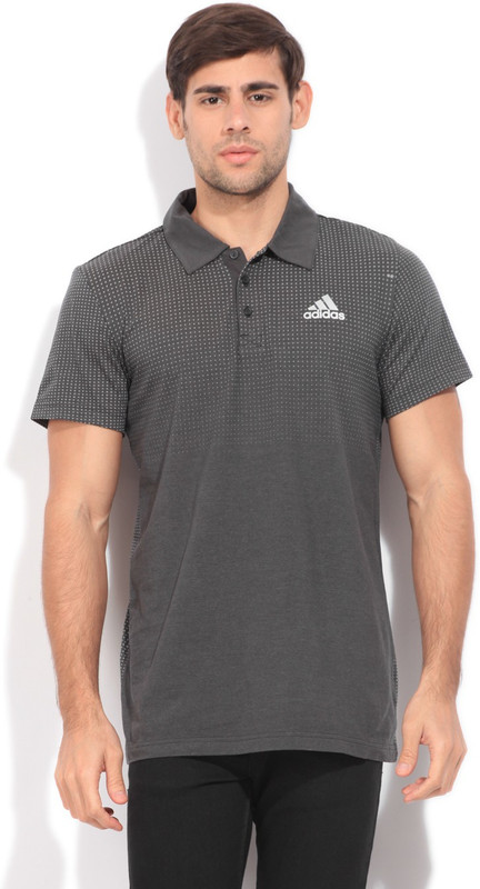 ADIDAS Printed Men Polo Neck Grey T-Shirt