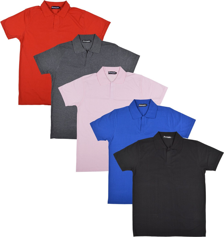 Pintapple Solid Men Polo Neck Black, Blue, Pink, Grey, Red T-Shirt(Pack of 5)