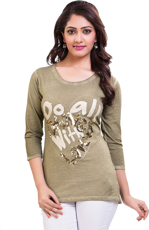 TVENO Printed Women Round Neck Green T-Shirt