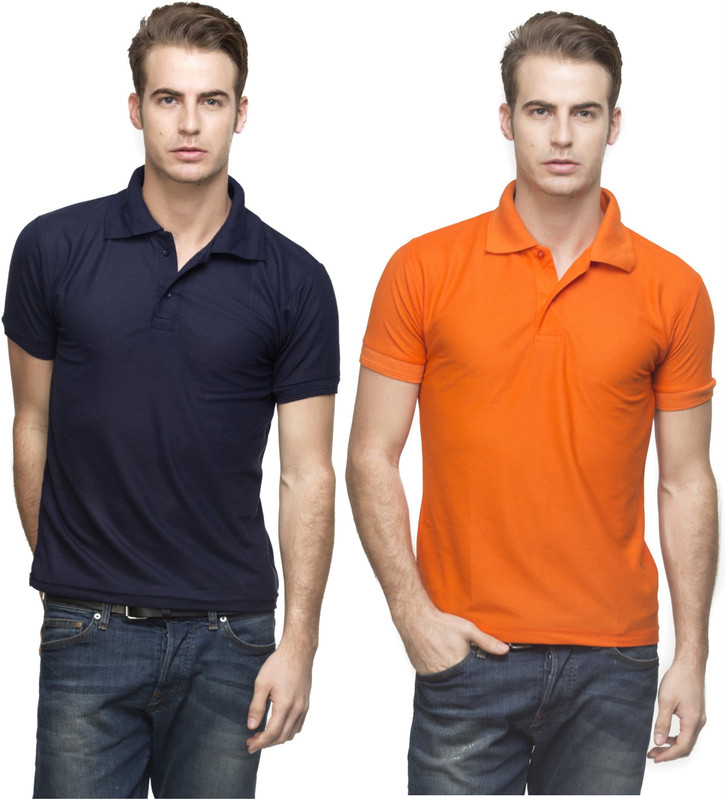 Lambency Solid Men Polo Neck Dark Blue, Orange T-Shirt(Pack of 2) Lambency Solid Men Polo Neck Dark Blue, Orange T-Shirt(Pack of 2)