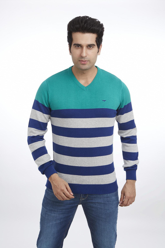 Park Avenue Striped Men V-neck Dark Blue T-Shirt