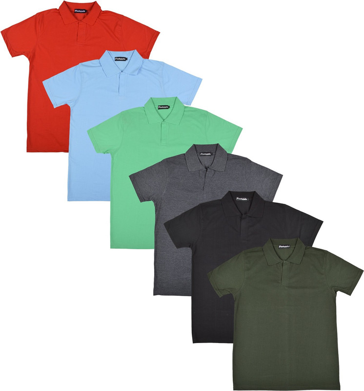 Pintapple Solid Men Polo Neck Black, Grey, Light Green, Light Blue, Red, Dark Green T-Shirt(Pack of 6)
