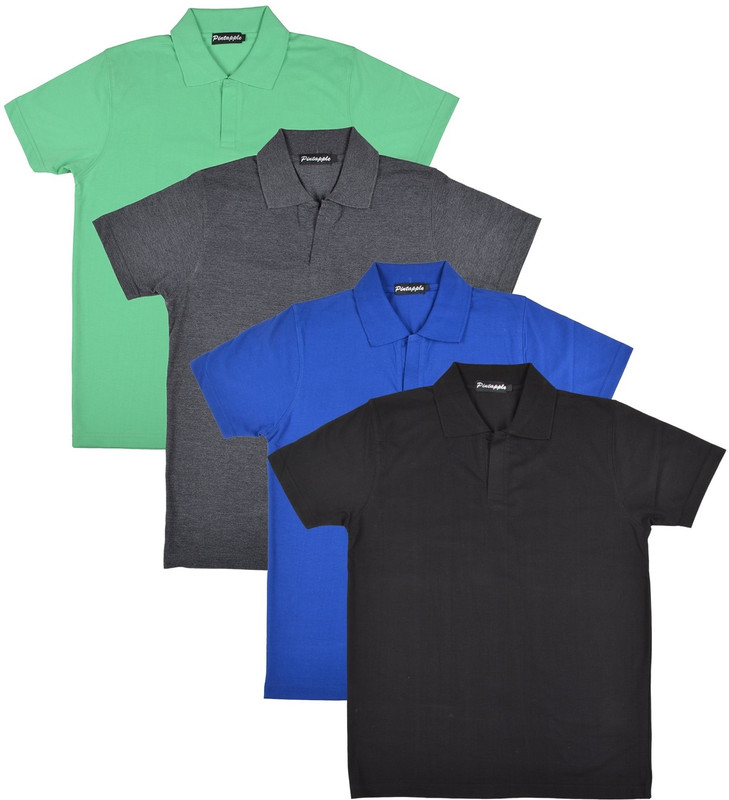 Pintapple Solid Men Polo Neck Black, Blue, Grey, Light Green T-Shirt(Pack of 4)
