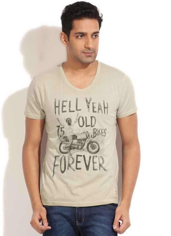 Jack & Jones Printed Men V-neck Beige T-Shirt