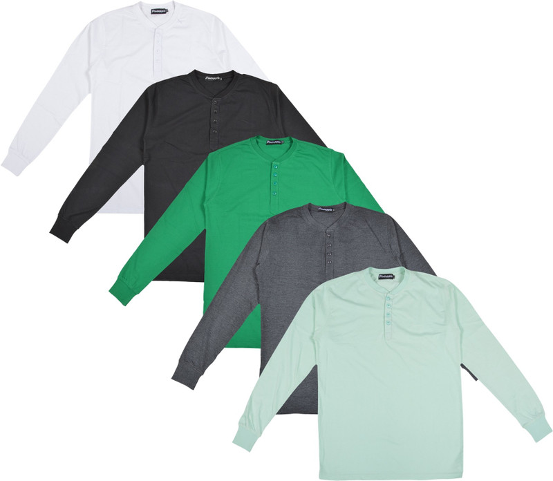 Pintapple Solid Men Henley Light Green, Grey, Green, Black, White T-Shirt(Pack of 5)