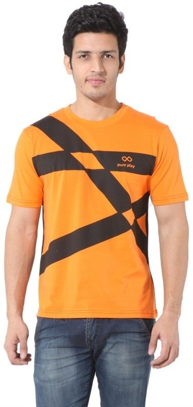 Pure Play Printed Men Round Neck Orange, Black T-Shirt
