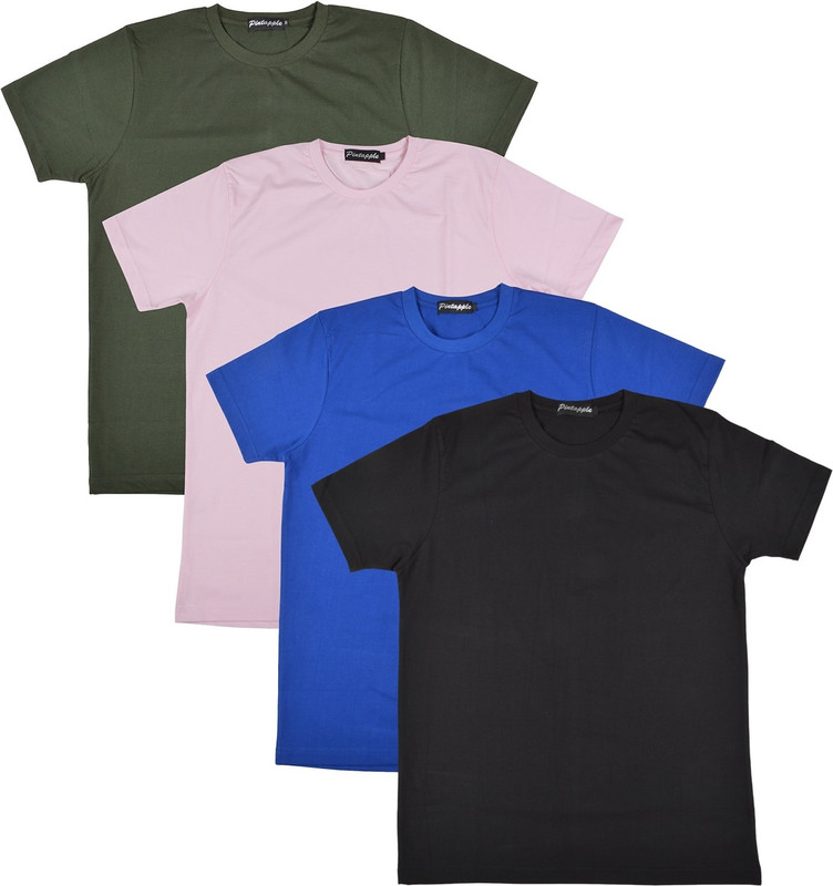 Pintapple Solid Men Round Neck Black, Blue, Pink, Dark Green T-Shirt(Pack of 4)