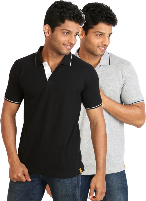 Campus Sutra Solid Men Polo Neck Black, Grey T-Shirt(Pack of 2)