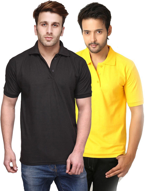 Makhkha Solid Men Polo Neck Black, Yellow T-Shirt(Pack of 2)