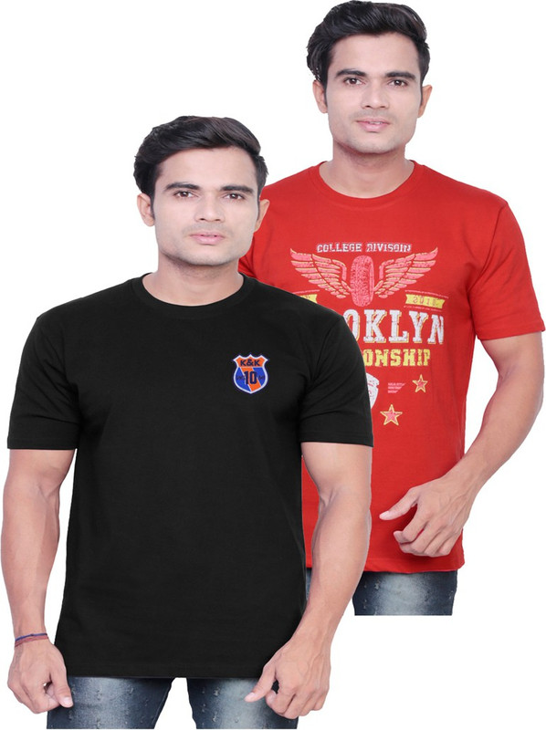 Fashionable Printed Men Round Neck Black, Red T-Shirt(Pack of 2)