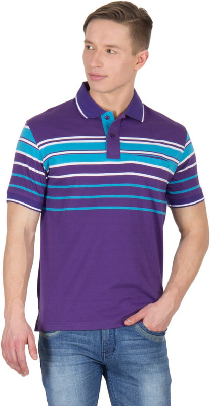 Wilkins & Tuscany Striped Men Polo Neck Purple T-Shirt
