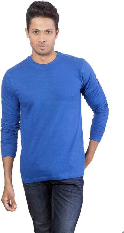 Oviyon Solid Men Round Neck Blue T-Shirt