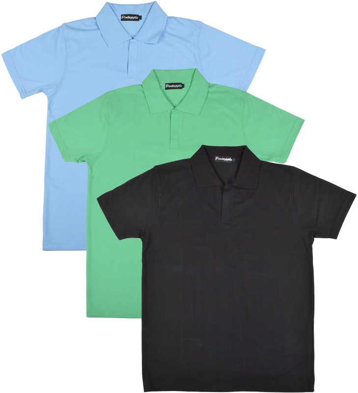 Pintapple Solid Men Polo Neck Black, Light Green, Light Blue T-Shirt(Pack of 3)