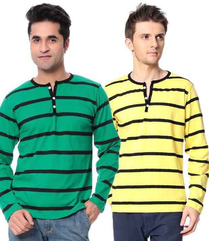 Leana Striped Men Round Neck Dark Green, Yellow T-Shirt(Pack of 2)