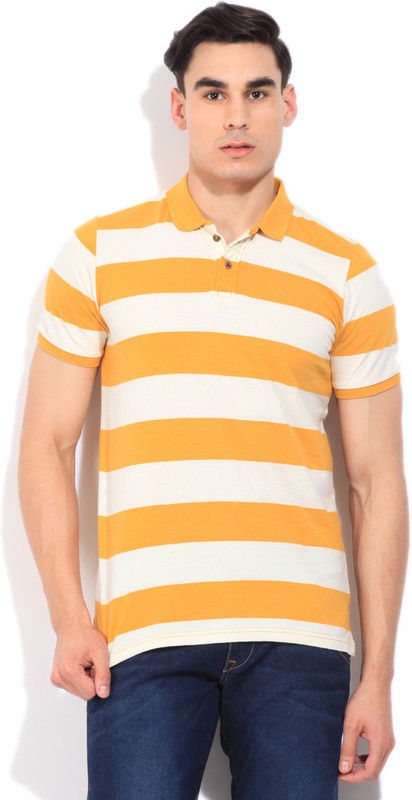 WROGN Striped Men Polo Neck White, Yellow T-Shirt WROGN Striped Men Polo Neck White, Yellow T-Shirt