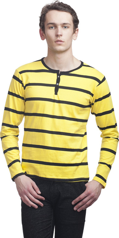 Clo Clu Striped Men Round Neck Yellow T-Shirt