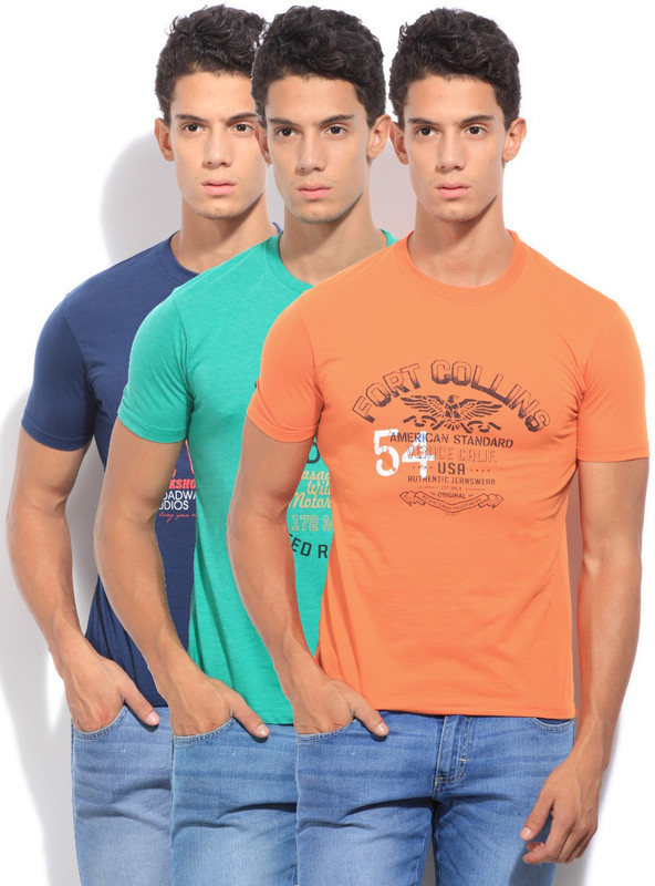 Fort Collins Printed Men Round Neck Blue, Green, Orange T-Shirt(Pack of 3)